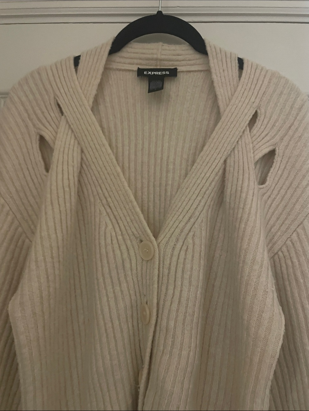 Express Beige Ribbed Cut-Out Button-Front Cardigan - Picture 3 of 3
